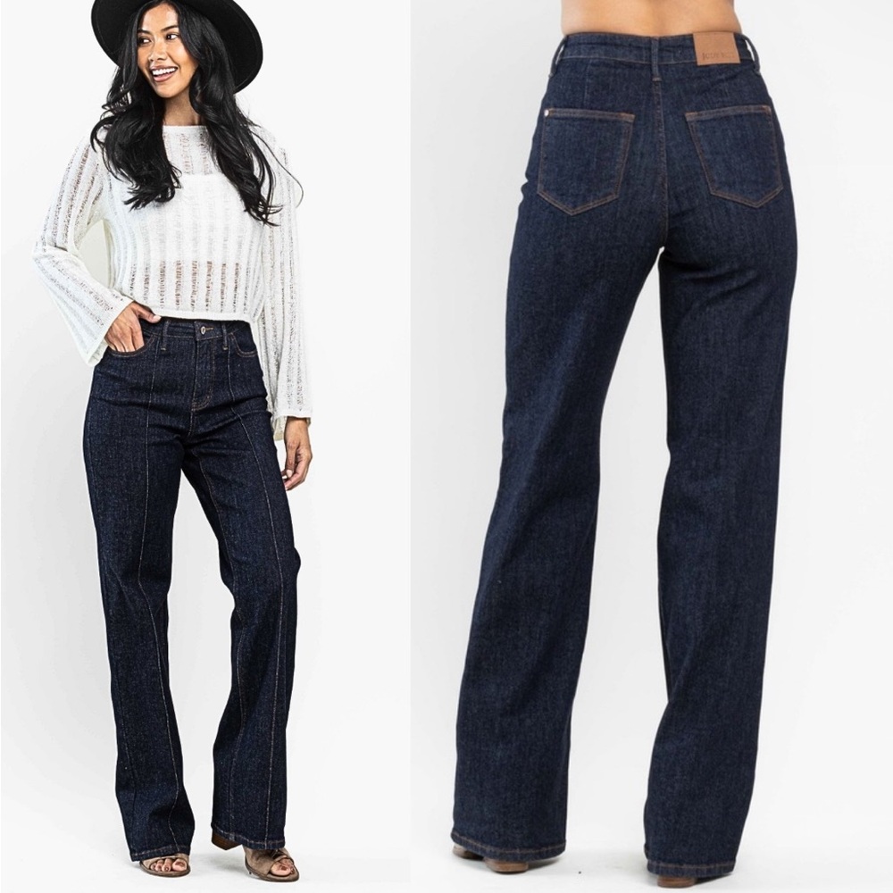 Judy Blue New 18W Wide Leg Jeans Dark Wash High Waisted Front Seam & Dart Detail
